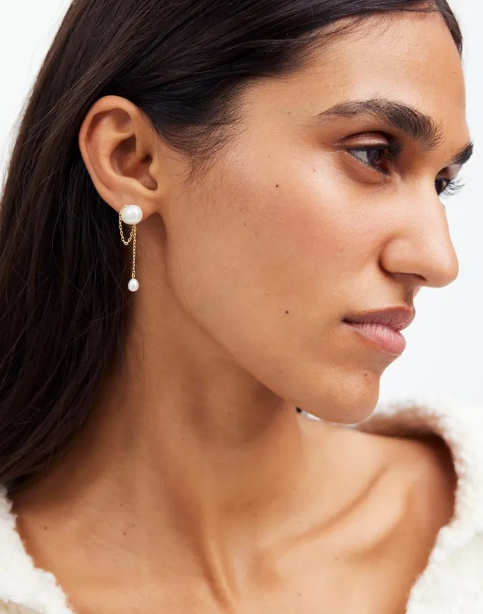 Madewell Freshwater Pearl Dangle Chain Stud Earrings Vintage Gold Women Jewelry