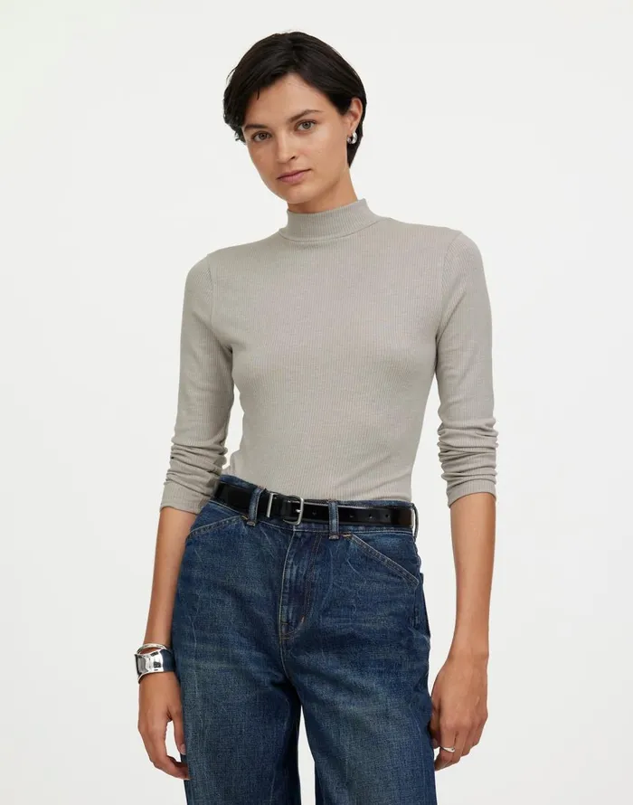Madewell Heathered Drapey Rib LongSleeve Mockneck Top Hthr Steel Morning Women Tees