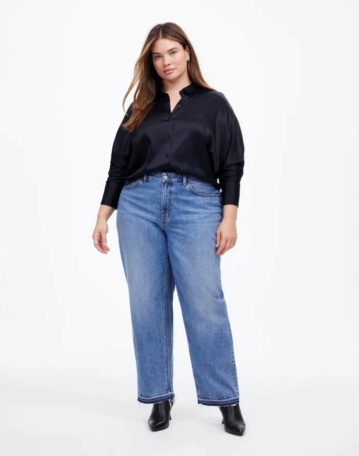 Madewell Plus Relaxed Dolman ButtonUp Shirt In Satin True Black Women Tops and Shirts