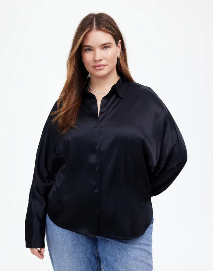 Madewell Plus Relaxed Dolman ButtonUp Shirt In Satin True Black Women Tops and Shirts