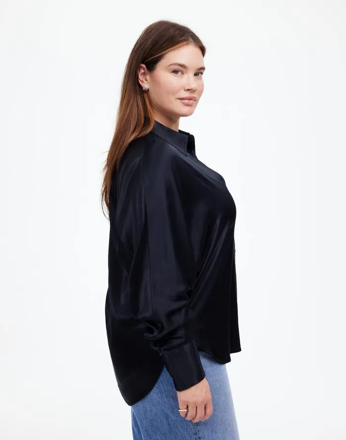 Madewell Plus Relaxed Dolman ButtonUp Shirt In Satin True Black Women Tops and Shirts