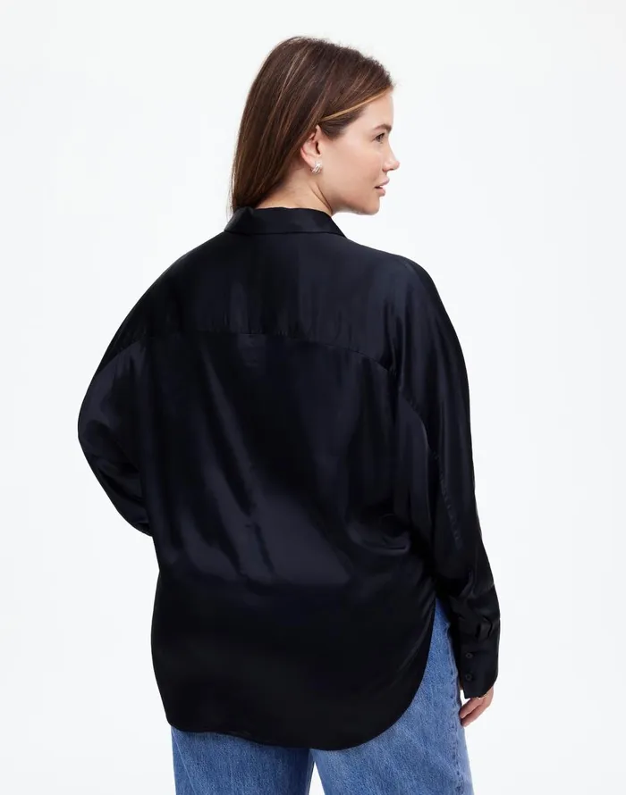 Madewell Plus Relaxed Dolman ButtonUp Shirt In Satin True Black Women Tops and Shirts