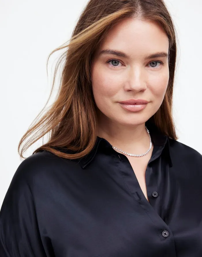 Madewell Plus Relaxed Dolman ButtonUp Shirt In Satin True Black Women Tops and Shirts