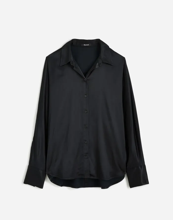 Madewell Plus Relaxed Dolman ButtonUp Shirt In Satin True Black Women Tops and Shirts