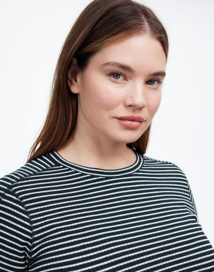 Madewell Plus Ribbed Crewneck LongSleeve Tee In Stripe Luxury Forest Women Tees