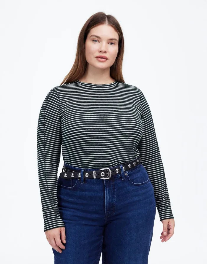 Madewell Plus Ribbed Crewneck LongSleeve Tee In Stripe Luxury Forest Women Tees