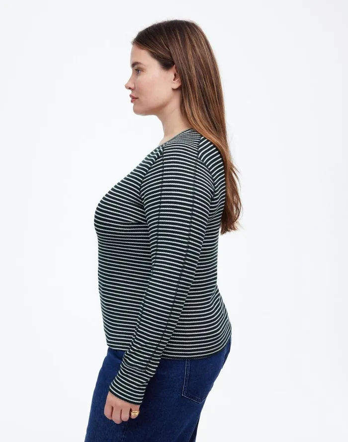 Madewell Plus Ribbed Crewneck LongSleeve Tee In Stripe Luxury Forest Women Tees
