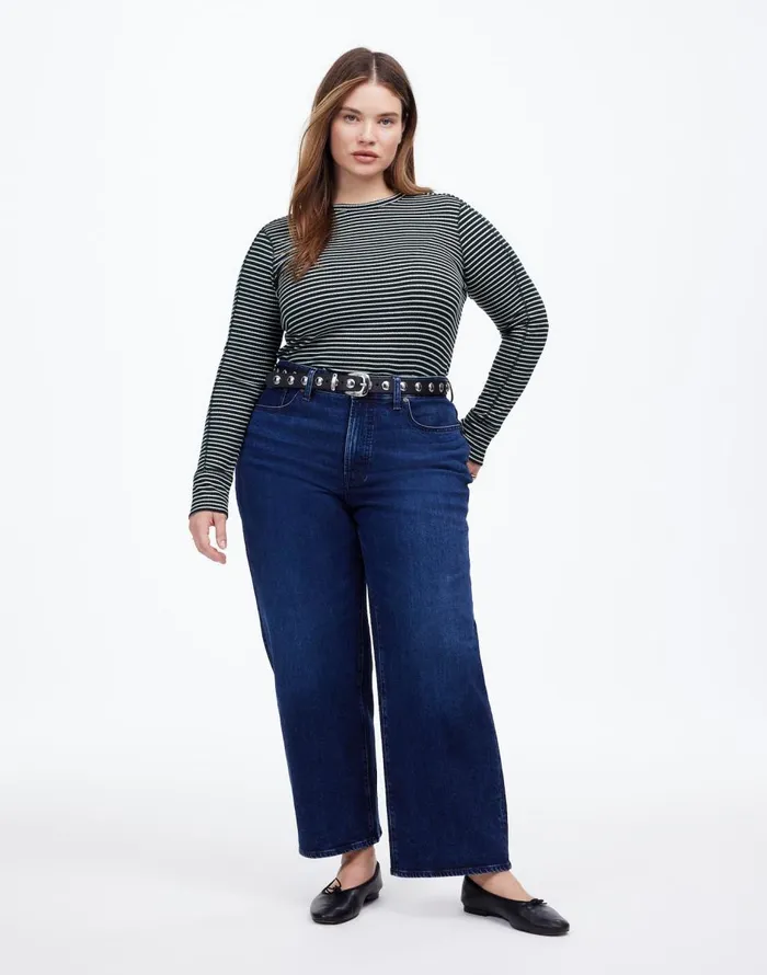 Madewell Plus Ribbed Crewneck LongSleeve Tee In Stripe Luxury Forest Women Tees