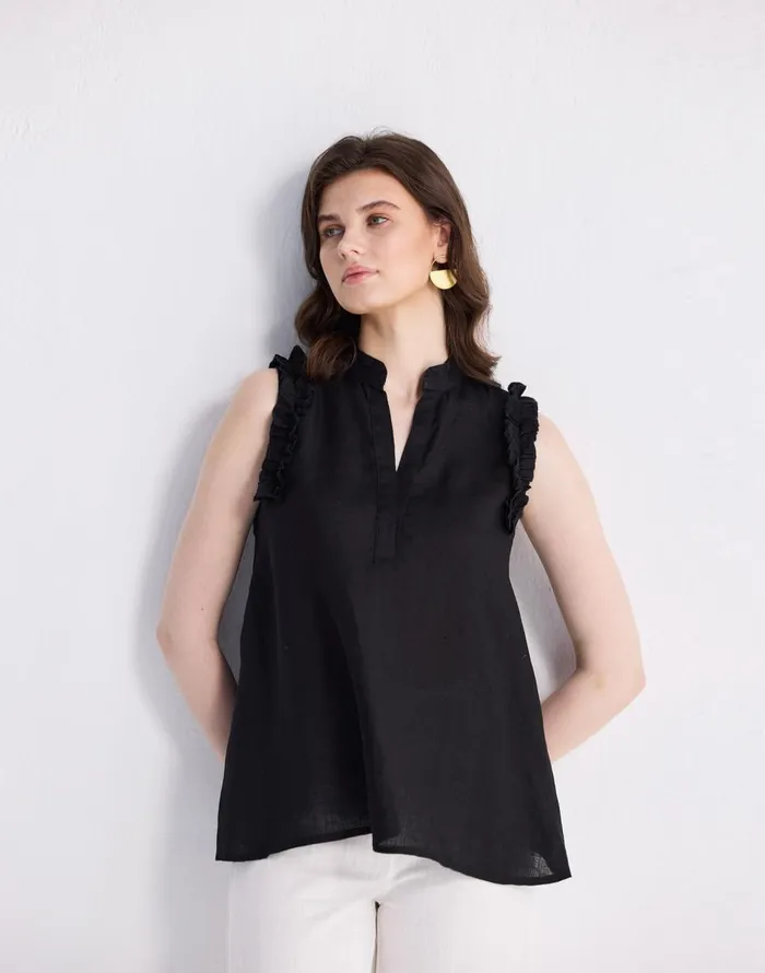 Madewell Reistor Sleeveless 100 Hemp Top With Ruffles In Black Black Women Tops and Shirts