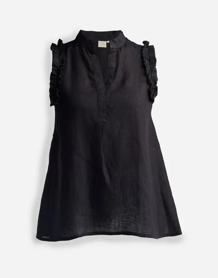 Madewell Reistor Sleeveless 100 Hemp Top With Ruffles In Black Black Women Tops and Shirts