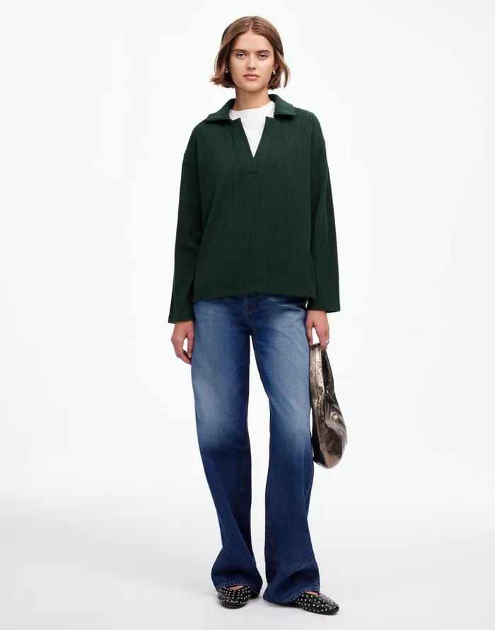 Madewell Relaxed LongSleeve Polo Tee Hthr Obsidian Women Sweaters