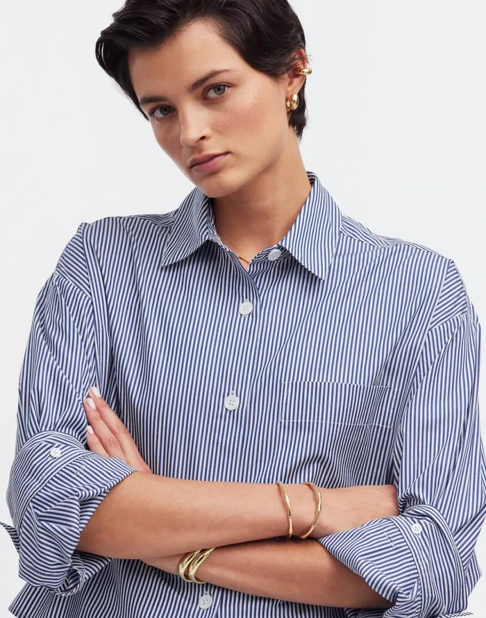Madewell StraightHem Shirt Blue And White Even Stripe Women Tops and Shirts