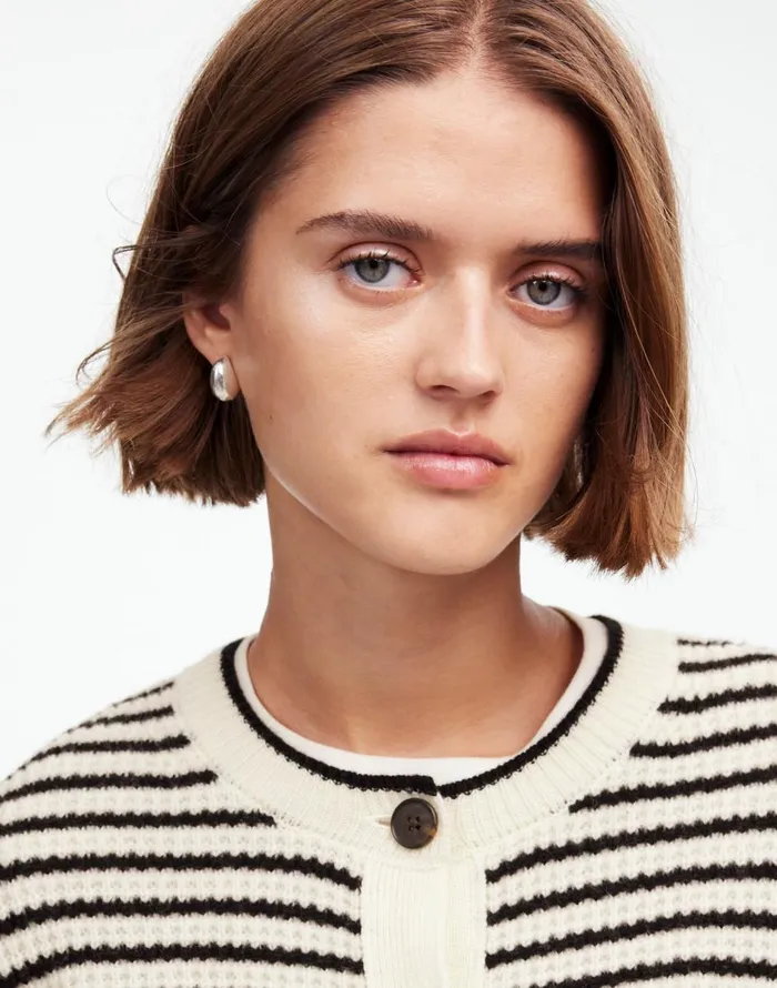 Madewell WaffleKnit Wool Cardigan In Stripe Winter White Stripe Women Sweaters