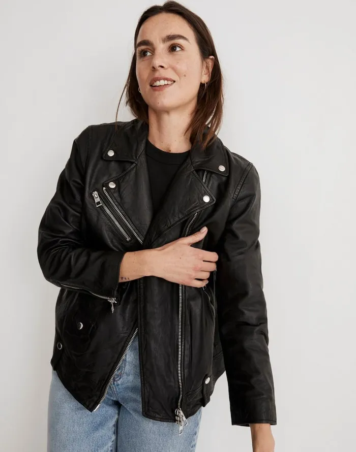 Madewell Washed Leather Oversized Motorcycle Jacket True Black Women Coats Jackets