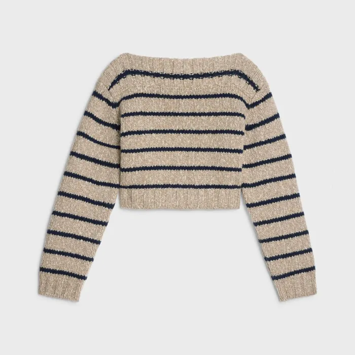 Marinire Boat Neck Sweater In Wool Taupe Navy Women CELINE KNITWEAR
