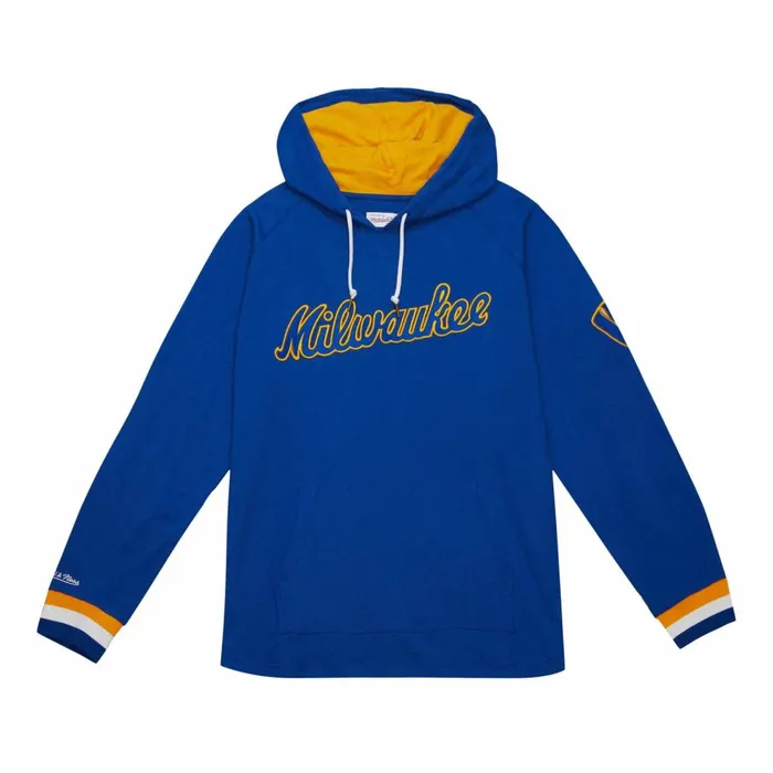Men039s MLB Mitchell and Ness Legendary Slub Long Sleeve Hoodie Milwaukee Brewers