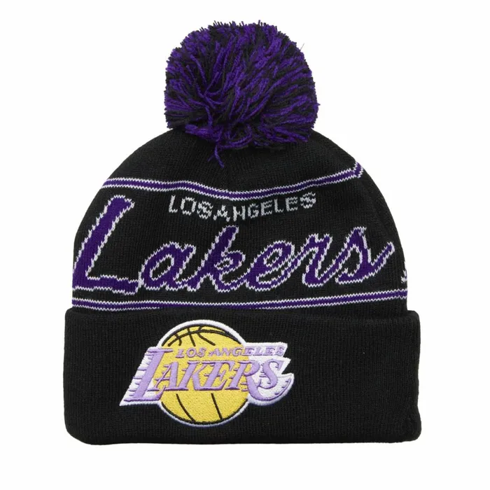 Men039sWomen039s Knit 154 Styles Mitchell and Ness Script Pom Beanie HWC Los Angeles Lakers