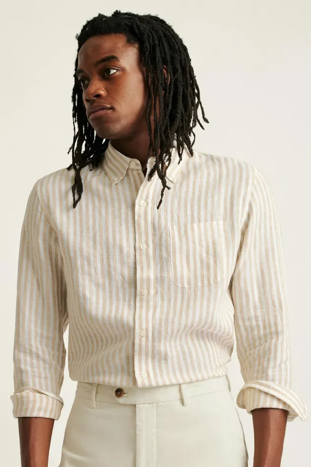 Men Everyday Linen Shirt Khaki Stripe Bonobos Casual Shirts