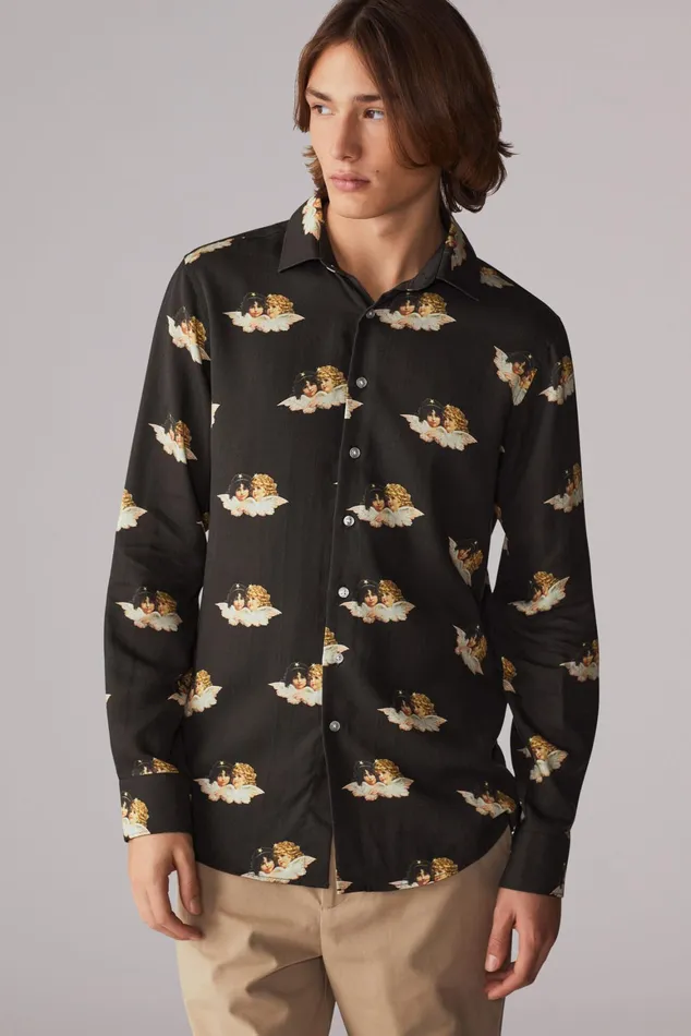 Men Fiorucci Shirts All Over Angels Shirt Black Men Fiorucci Shirts All Over Angels Shirt Black