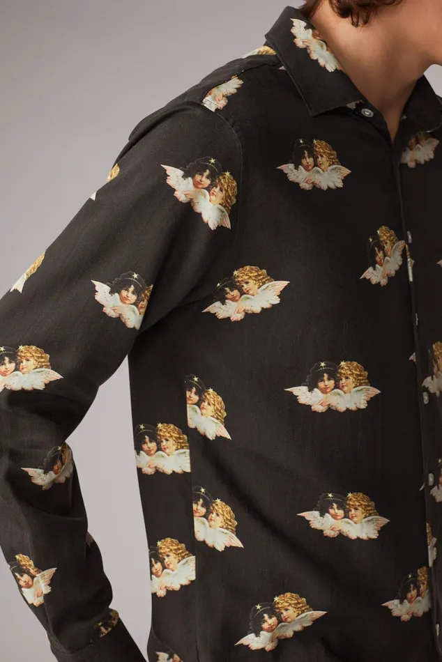 Men Fiorucci Shirts All Over Angels Shirt Black Men Fiorucci Shirts All Over Angels Shirt Black