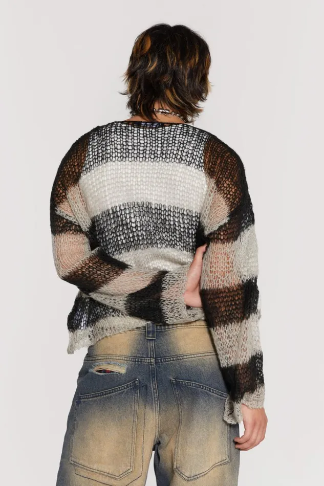 Men Grey and Black Striped Loose Knit Jumper Jaded London Knitwear