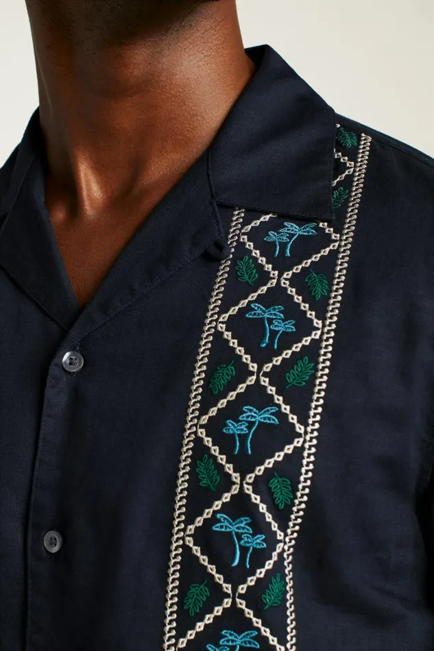 Men Limited Edition Riviera Cabana Shirt Black Palm Embroidery Bonobos Casual Shirts
