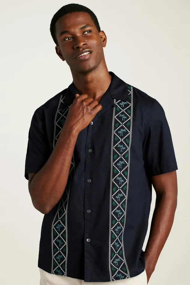Men Limited Edition Riviera Cabana Shirt Black Palm Embroidery Bonobos Casual Shirts