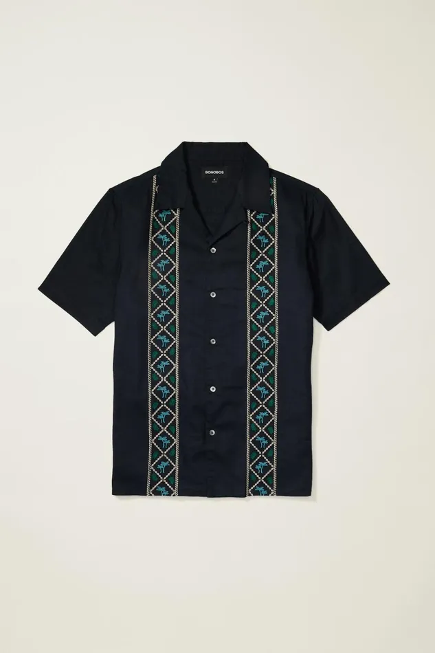 Men Limited Edition Riviera Cabana Shirt Black Palm Embroidery Bonobos Casual Shirts
