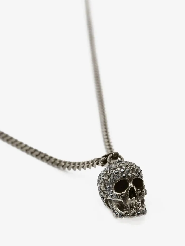 Men Necklaces Alexander McQueen Pave Skull Necklace Antique Silver