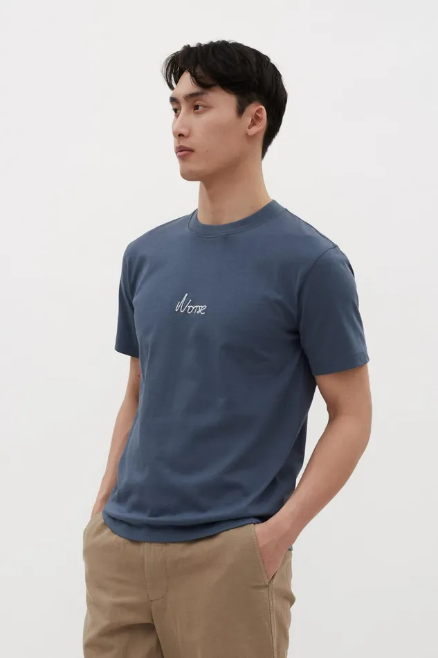 Men Norse Projects TShirts Johannes Organic Chain Stitch Logo Tshirt Steel Blue