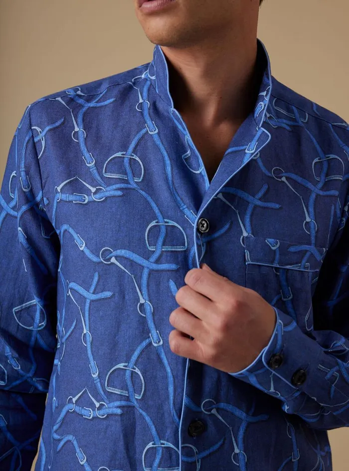 Men Paul Stuart Pajamas and Loungewear Linen Equestrian Print Pajama Indigo