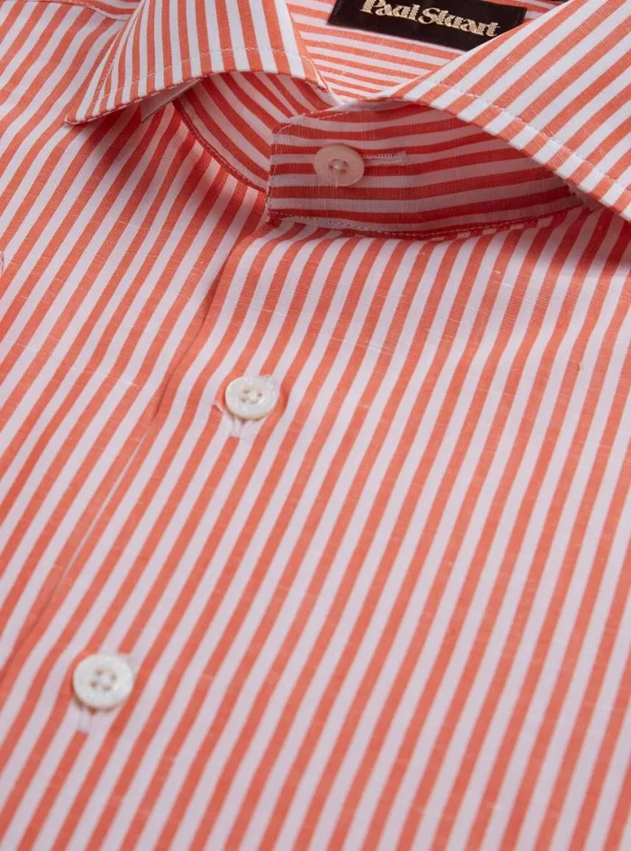 Men Paul Stuart Sport Shirts Bengal Stripe Cotton and Linen Sport Shirt Orange