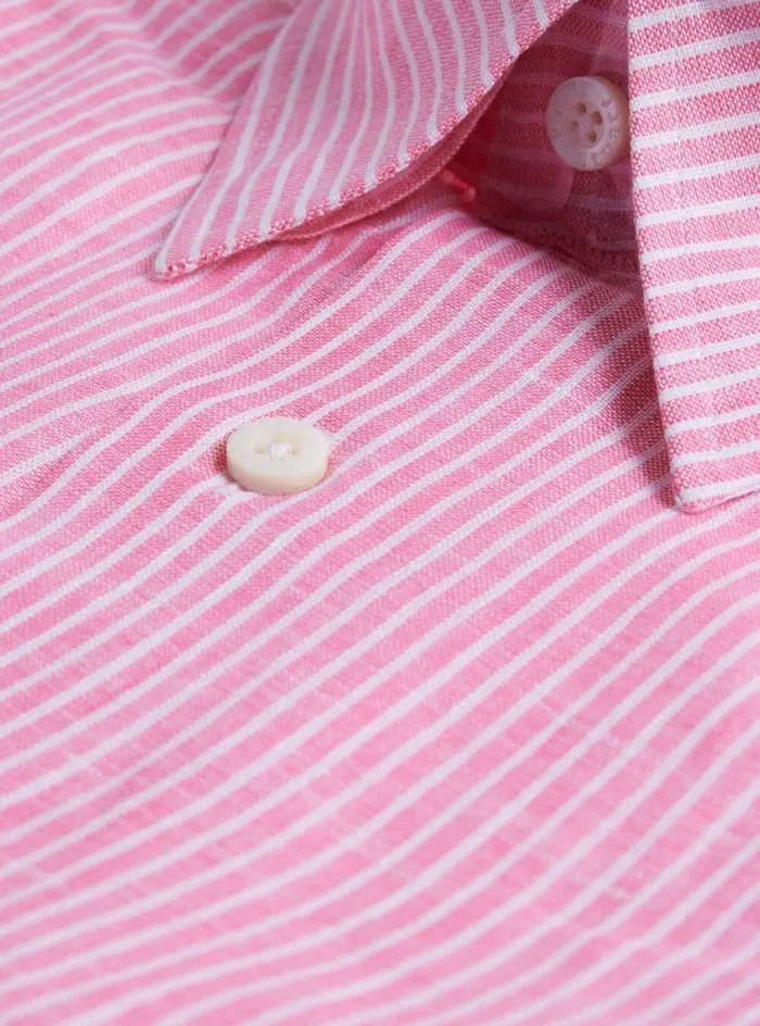 Men Paul Stuart Sport Shirts Linen Pencil Stripe Sport Shirt Watermelon