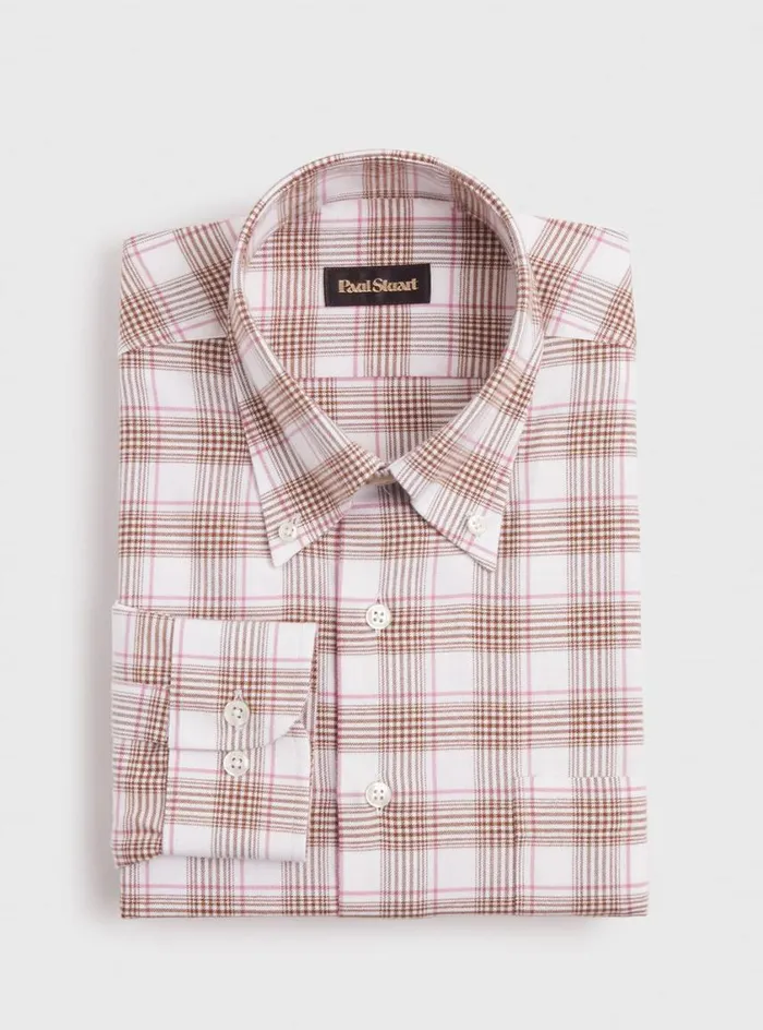 Men Paul Stuart Sport Shirts Plaid Flannel On Cream Ground Sport Shirt Brownpink