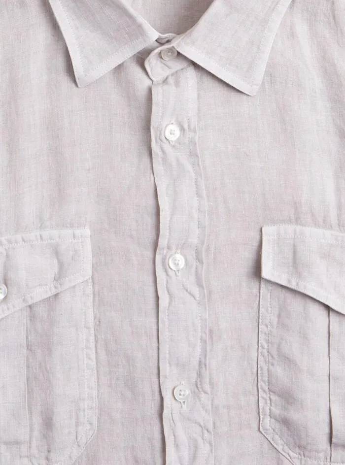 Men Paul Stuart Sport Shirts Washed Linen Military Style Shirt Stone