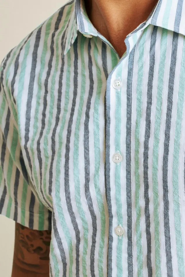 Men Riviera Short Sleeve Shirt Aqua Stripe Seersucker Bonobos Casual Shirts