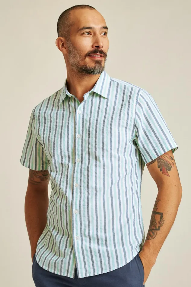 Men Riviera Short Sleeve Shirt Aqua Stripe Seersucker Bonobos Casual Shirts