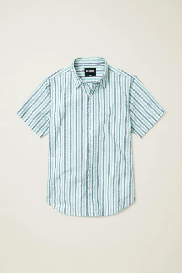 Men Riviera Short Sleeve Shirt Aqua Stripe Seersucker Bonobos Casual Shirts
