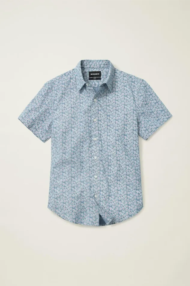 Men Riviera Short Sleeve Shirt Chambray Flower Power Bonobos Casual Shirts