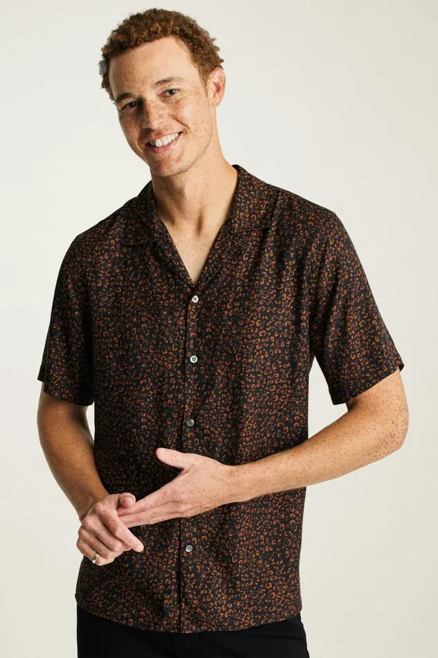 Men Riviera Silk Blend Cabana Shirt Black Red Spots Bonobos Casual Shirts