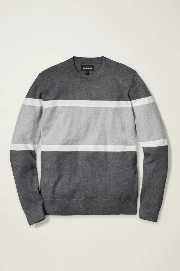Men Soft Air Golf Sweater Charcoal Chest Stripe Bonobos Crew and VNeck Sweaters