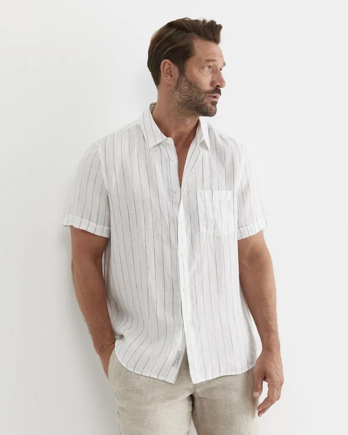 Men Sportscraft Shirts Alan Short Sleeve Linen Shirt Whitemulti