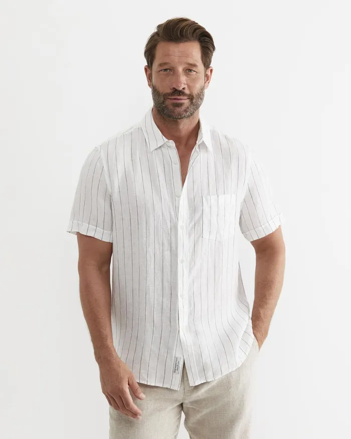 Men Sportscraft Shirts Alan Short Sleeve Linen Shirt Whitemulti