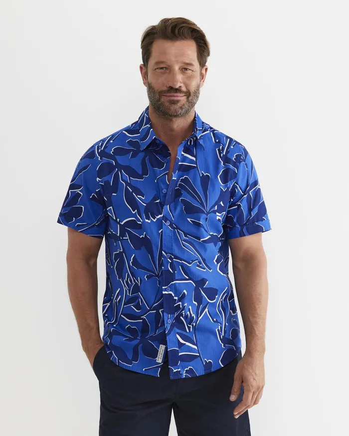 Men Sportscraft Shirts Marks Short Sleeve Cotton Shirt Navy Multi