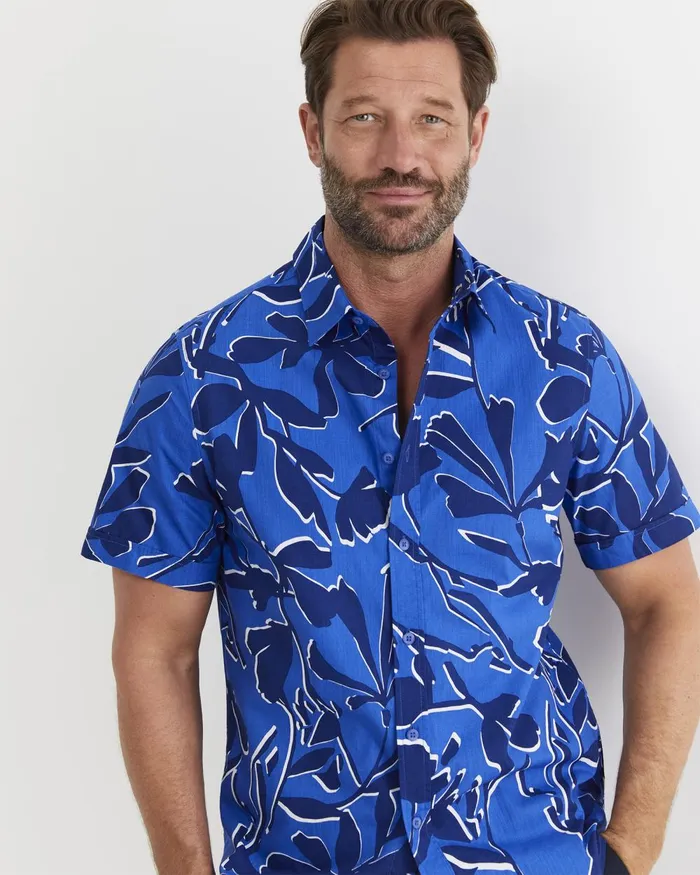 Men Sportscraft Shirts Marks Short Sleeve Cotton Shirt Navy Multi