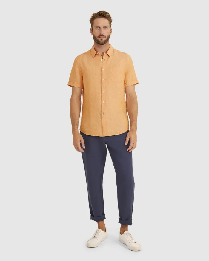 Men Sportscraft Shirts Yarn Dyed Linen Short Sleeve Shirt Mandarin