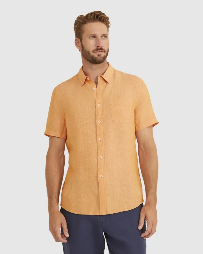 Men Sportscraft Shirts Yarn Dyed Linen Short Sleeve Shirt Mandarin