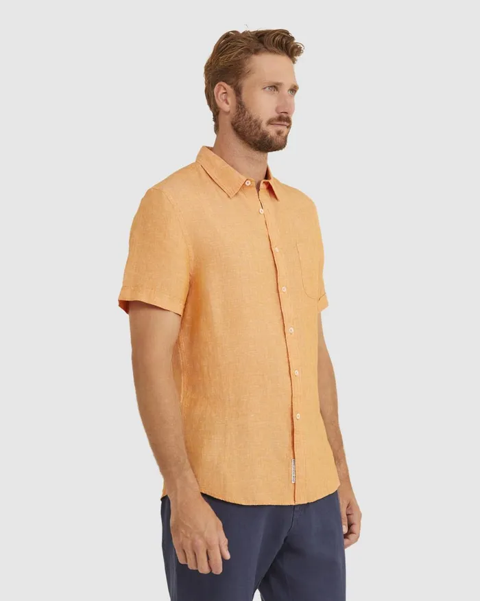 Men Sportscraft Shirts Yarn Dyed Linen Short Sleeve Shirt Mandarin