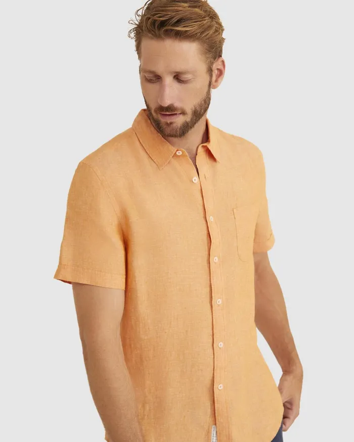 Men Sportscraft Shirts Yarn Dyed Linen Short Sleeve Shirt Mandarin