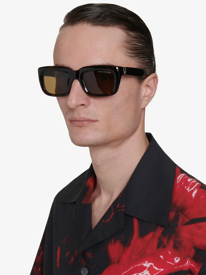 Men Sunglasses Alexander McQueen Punk Rivet Square Sunglasses Dark Greenochre
